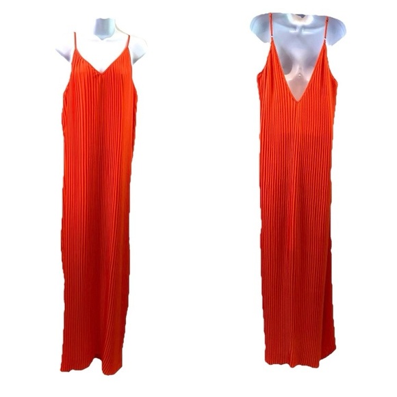 BCBG Generation Womens Dress Maxi Hot Coral Pleated V-Neck Lined Festival Sz M - Picture 1 of 8